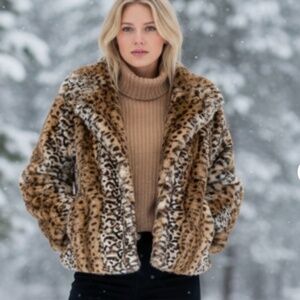 H&M Faux Fur Leopard Print Winter Short Coat Fully Lined Size M Soft Fluffy